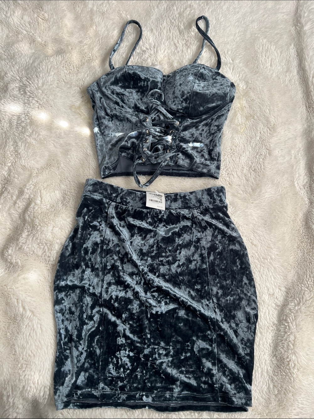 NWT Charlotte Russe Blue Crushed Velvet Lace-Up Crop & Pencil Skirt Y2K Set